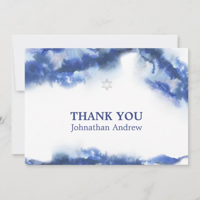 Modern Blue Marble Ocean Ombre Bar Mitzvah Thank You Card (Front)