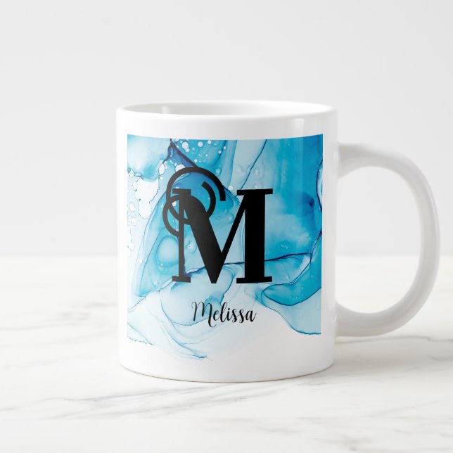Modern Blue Marbled Monogram Large Coffee Mug (Right)