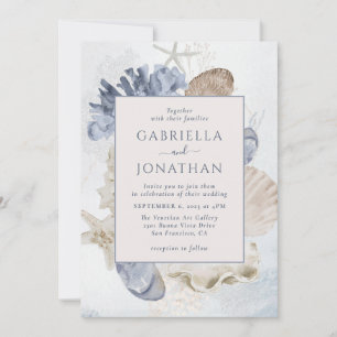 Modern Blue Marine Coral Seashells Wedding Invitation