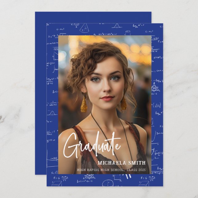 Modern Blue Math Script Photo Message Graduation  Announcement (Front/Back)
