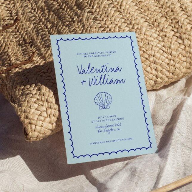 Modern Blue Mediterranean Shell Wedding Invitation (Creator Uploaded)