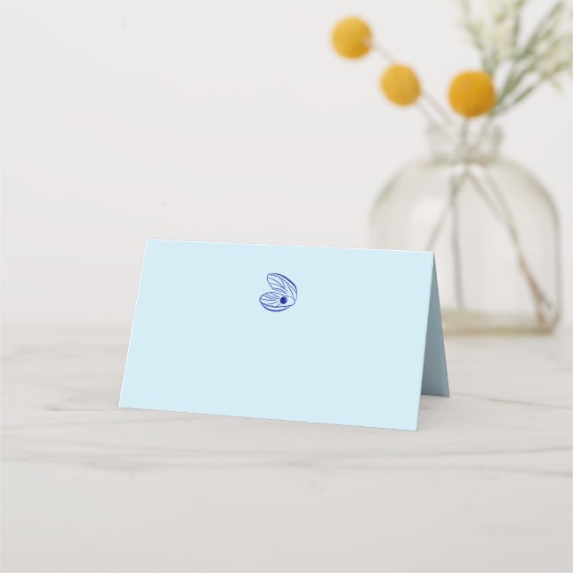Modern Blue Mediterranean Shell Wedding Place Card (Front)
