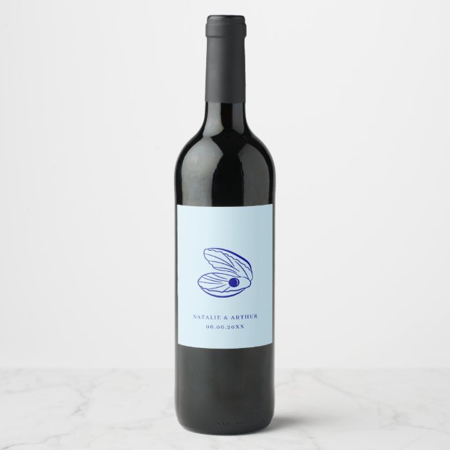 Modern Blue Mediterranean Shell Wedding Wine Label (Front)