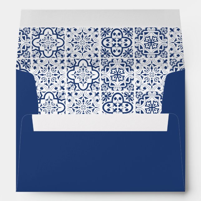 Modern Blue Mediterranean Tile Pattern Wedding Envelope (Back (Bottom))