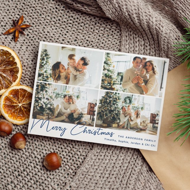 Modern Blue Merry Christmas Four Photo Collage  Holiday Card (Creator Uploaded)