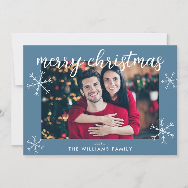 Modern Blue Merry Christmas Photo Holiday Card (Front)