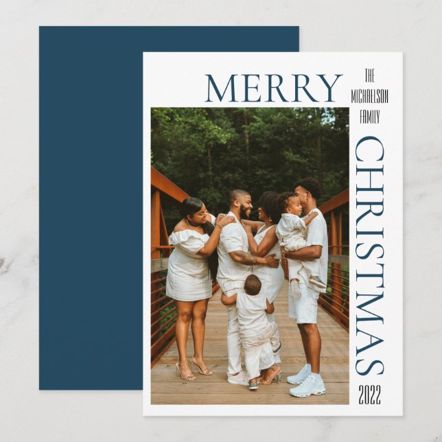 Modern Blue Merry Christmas Photo Holiday Card (Front/Back)