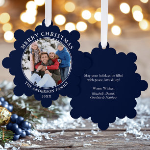 Modern Blue Merry Christmas Photo Tree Decoration Card