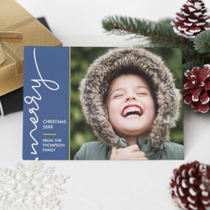 Modern blue Merry Christmas Script Photo Card
