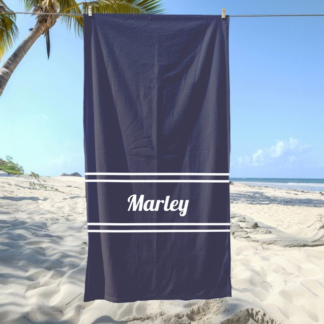 Modern Blue Minimal Name Monogram Script Template Beach Towel (Creator Uploaded)