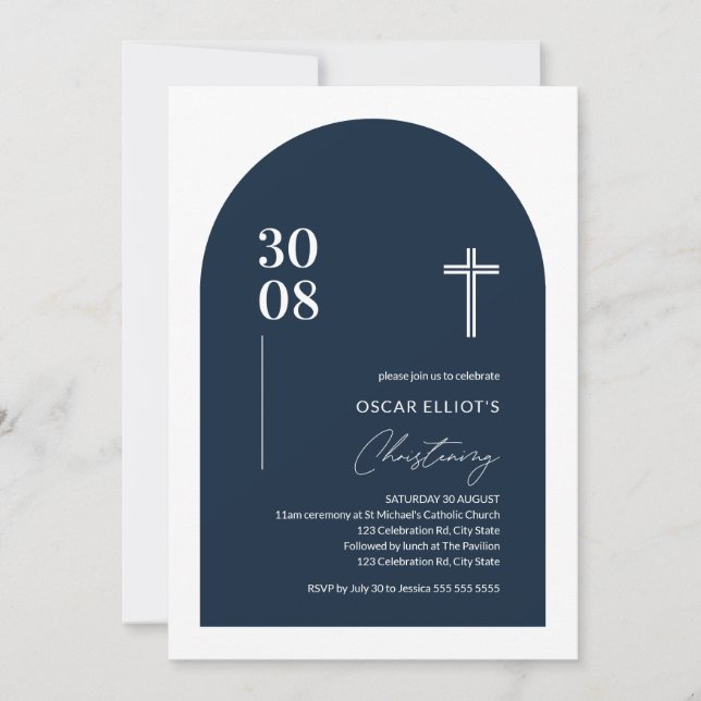 Modern Blue Minimalist Arch Boy Christening Invita Invitation (Front)
