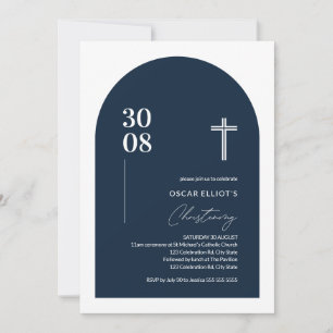Modern Blue Minimalist Arch Boy Christening Invita Invitation