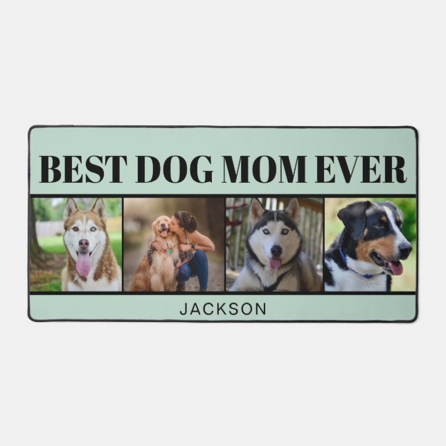 Modern Blue Minimalist Dog Mum Four Photo Collage  Desk Mat (Front)