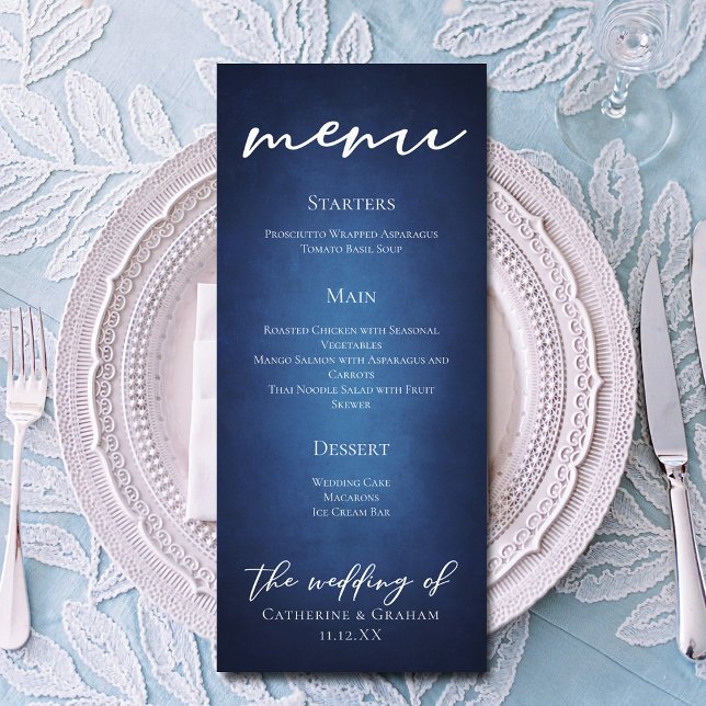 Modern Blue Minimalist Evening Wedding Dinner Menu (Creator Uploaded)