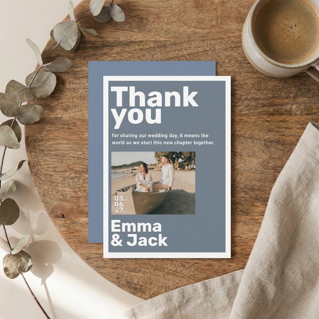 Modern blue minimalist photo wedding thank you card (Modern blue minimalist photo wedding thank you card)