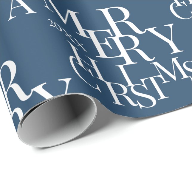 Modern Blue Minimalist Typography Merry Christmas Wrapping Paper (Roll Corner)