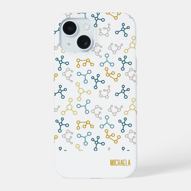 Modern Blue Molecule Chemistry iPhone 15 Case (Back)