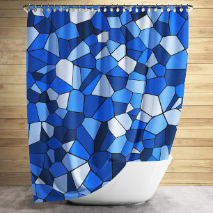Modern Blue Monochrome Geometric Mosaic Pattern Shower Curtain