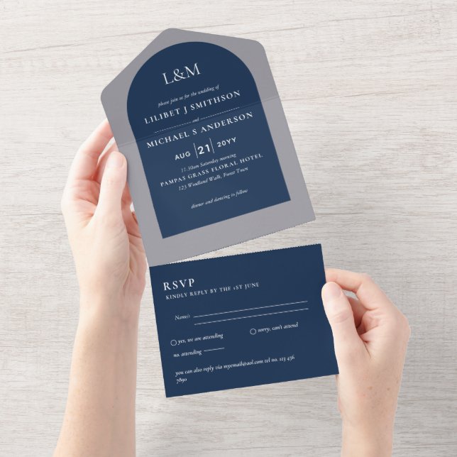 Modern Blue Monochrome Text only Wedding All In One Invitation (Tearaway)