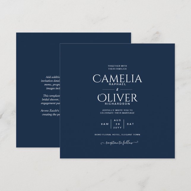 Modern Blue Monochrome Text only Wedding Invitation (Front/Back)