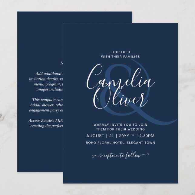 Modern Blue Monochrome Text only Wedding Invitation (Front/Back)