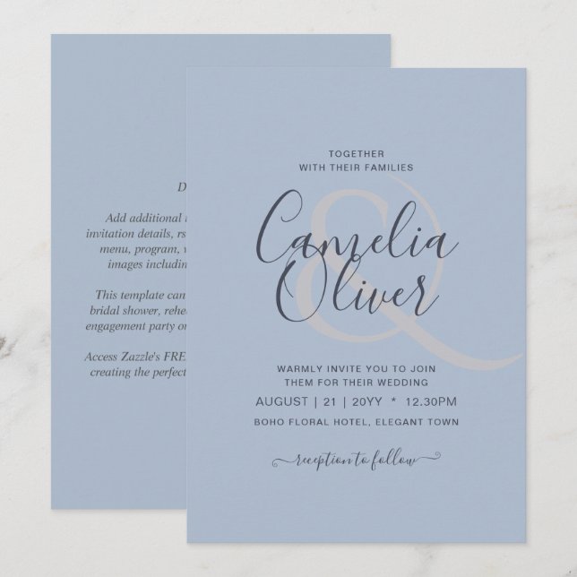 Modern Blue Monochrome Text only Wedding Invitation (Front/Back)
