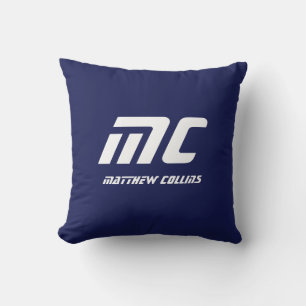 Modern Blue Monogram Minimalist Name White Text  Cushion