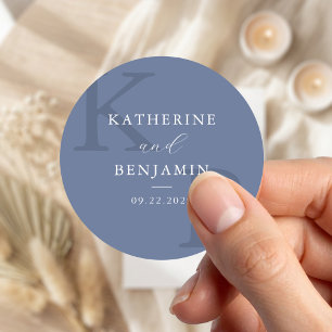 Modern Blue Monogram Minimalist Wedding Classic Round Sticker