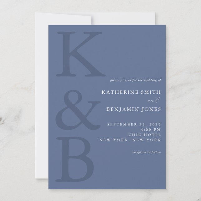 Modern Blue Monogram Minimalist Wedding Invitation (Front)