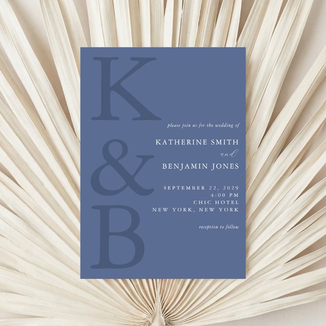 Modern Blue Monogram Minimalist Wedding Invitation (Creator Uploaded)