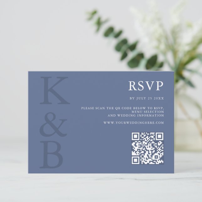 Modern Blue Monogram Minimalist Wedding RSVP Card (Standing Front)