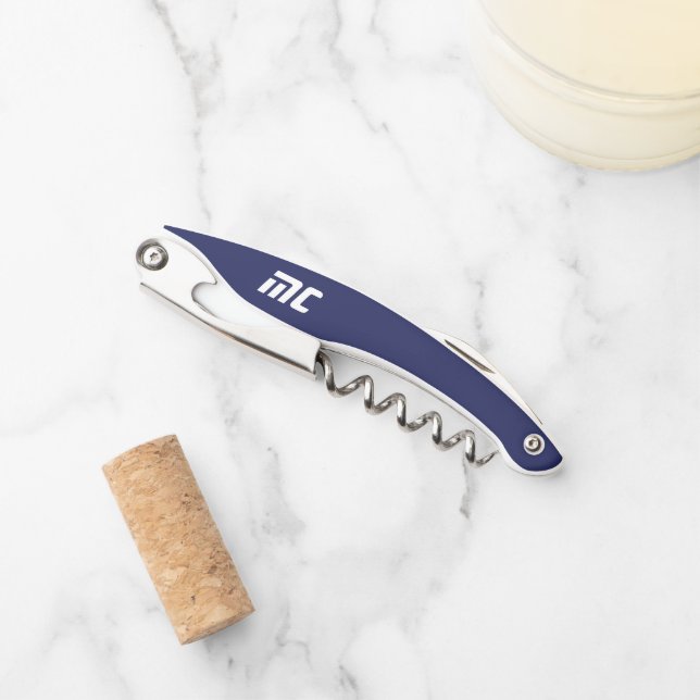 Modern Blue Monogram Name Bold Simple for Him Corkscrew (Front)