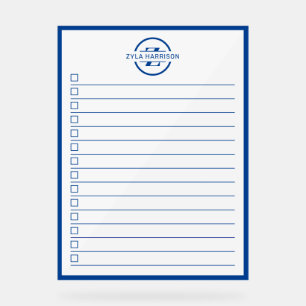 Modern Blue Monogram Name To Do List Dry Erase Acrylic Sign