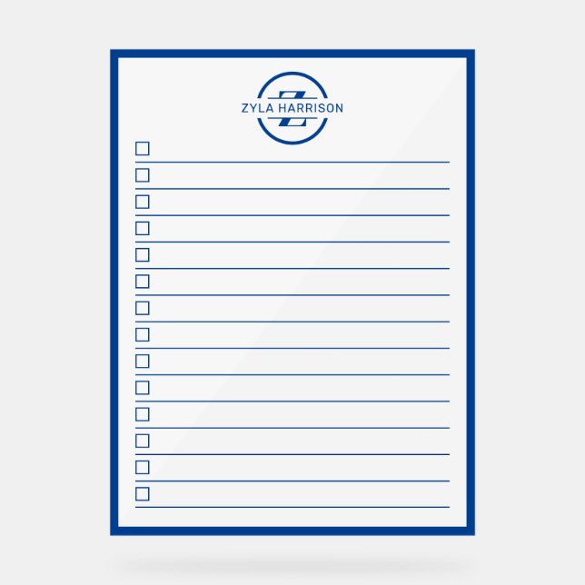 Modern Blue Monogram Name To Do List Dry Erase Acrylic Sign (Front)