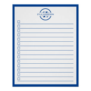 Modern Blue Monogram Name To Do List Poster