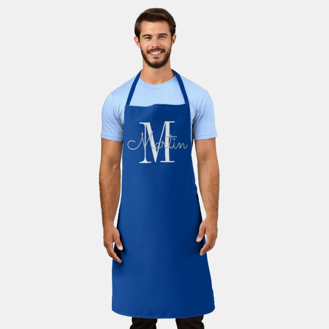 Modern Blue Monogram Personalised Name Apron (Worn)