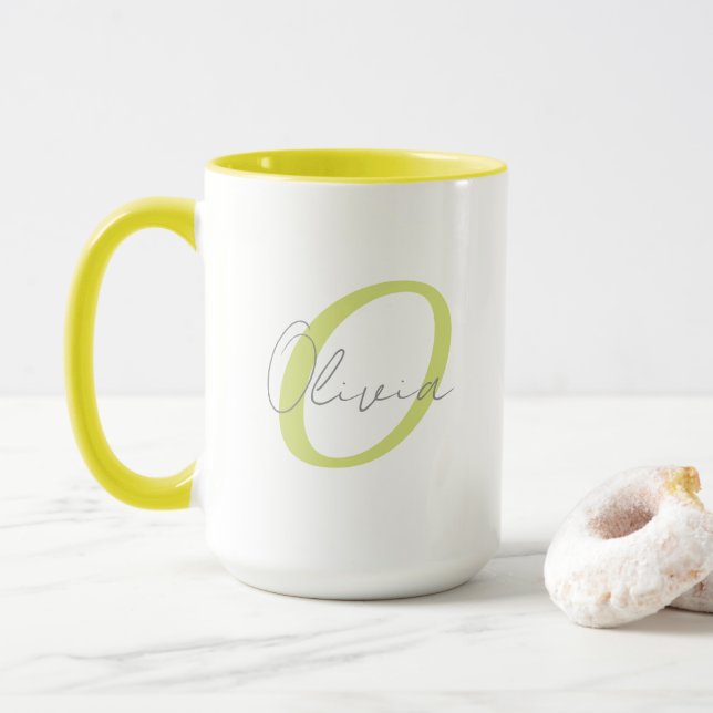 Modern Blue Monogram & Script Name Personalised  Mug (With Donut)