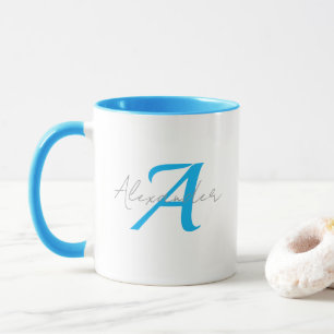 Modern Blue Monogram & Script Name Personalised  Mug