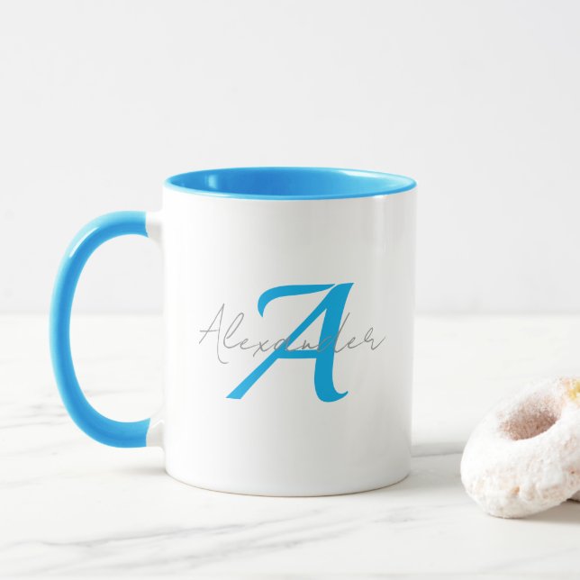 Modern Blue Monogram & Script Name Personalized  Mug (With Donut)