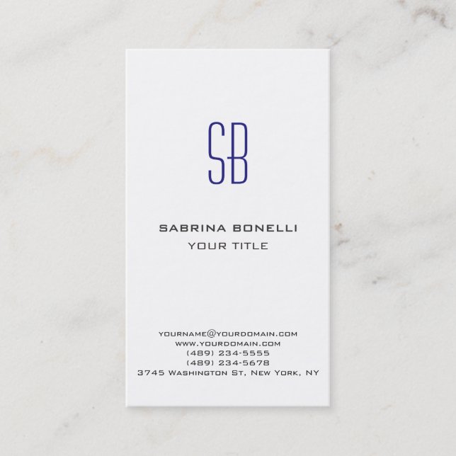 Modern Blue Monogram White Cute Business Card (Front)