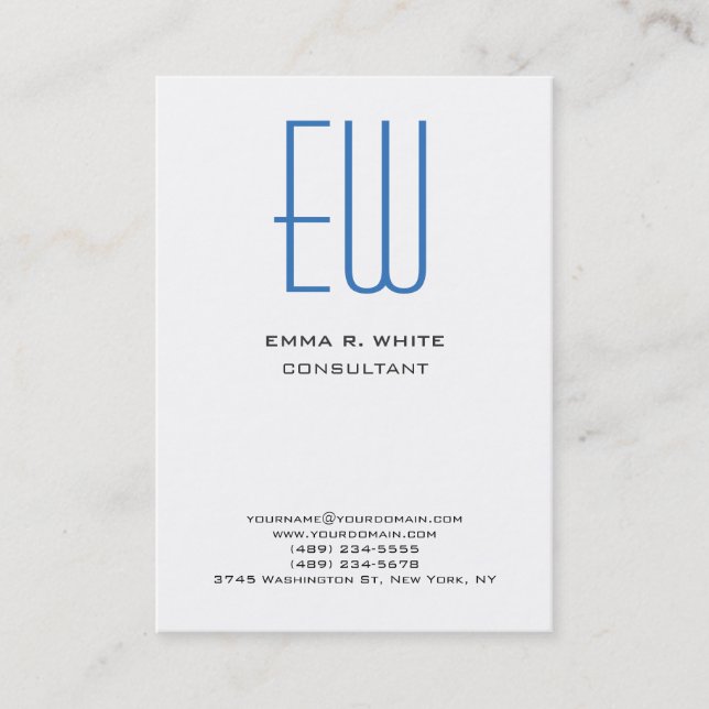 Modern Blue Monogram White Professional Business Card (Front)
