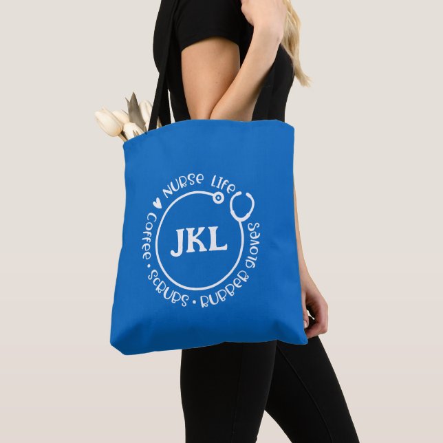 Modern Blue Monogrammed Stethoscope Nurse Tote Bag (Close Up)