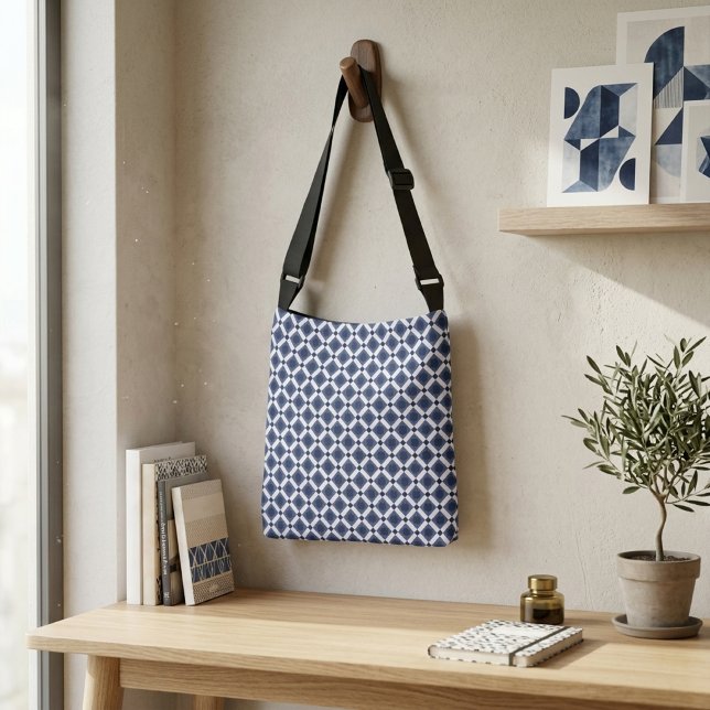 Modern Blue Moroccan Geometric Star Tile Pattern Crossbody Bag (Creator Uploaded)