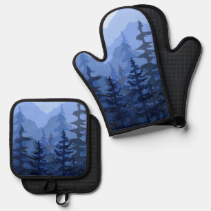 Modern Blue Mountain Forest Oven Mitt & Pot Holder Set