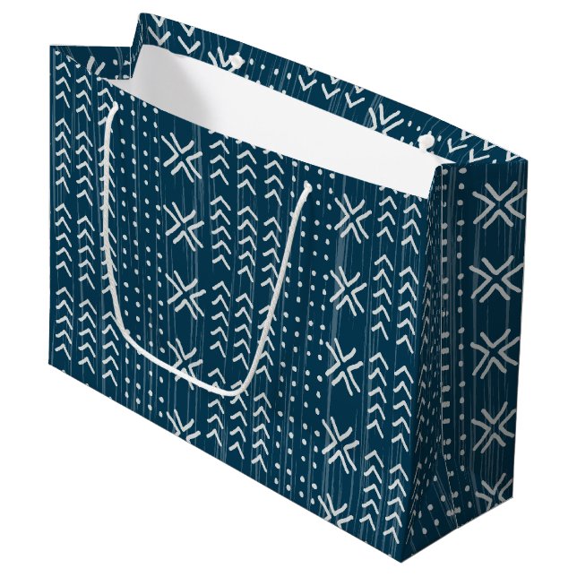 Modern Blue Mud Cloth African Pattern Large Gift Bag (Front Angled)