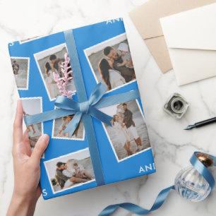 Modern Blue Multi Photo Family Collage Wrapping Paper