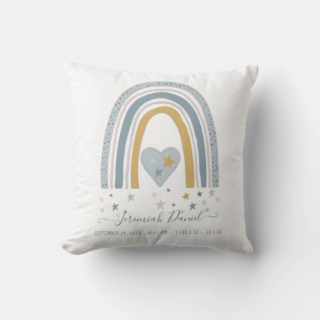 Modern Blue Muted Rainbow Baby Boy Birth Stats Cushion (Front)