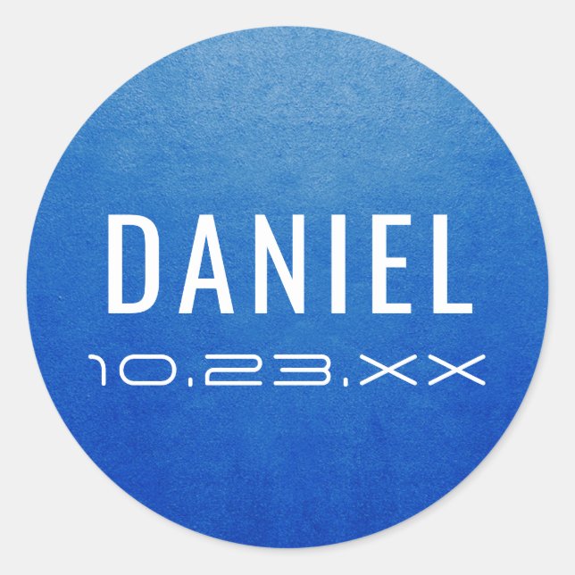 Modern Blue Name Date Mitzvah Birthday Favour Classic Round Sticker (Front)