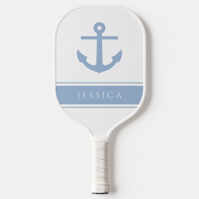 Modern Blue Nautical Anchor Custom Name  Pickleball Paddle (Front)