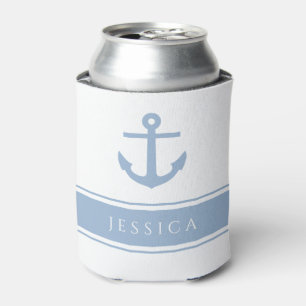 Modern Blue Nautical Anchor Name Can Cooler